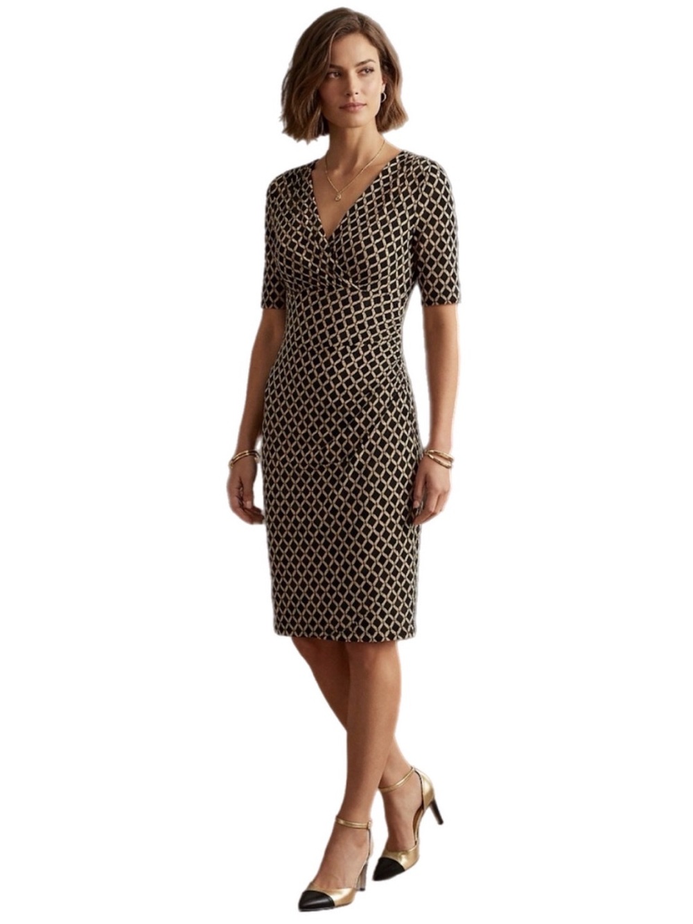 14 Lauren Ralph Lauren Black and Cream Geometric Midi Wrap Sheath Cocktail Dress